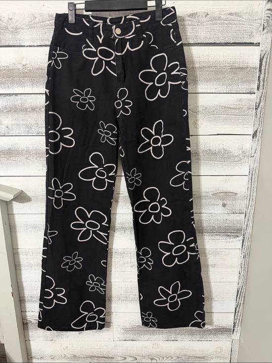 Bailey Rose Pants - Black Floral Outline Wide-Leg Pants